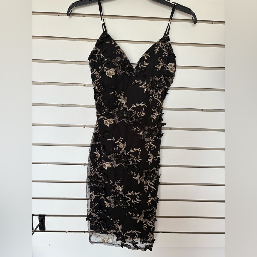Olive Tree Black Gold Floral Mini Dress Size Small